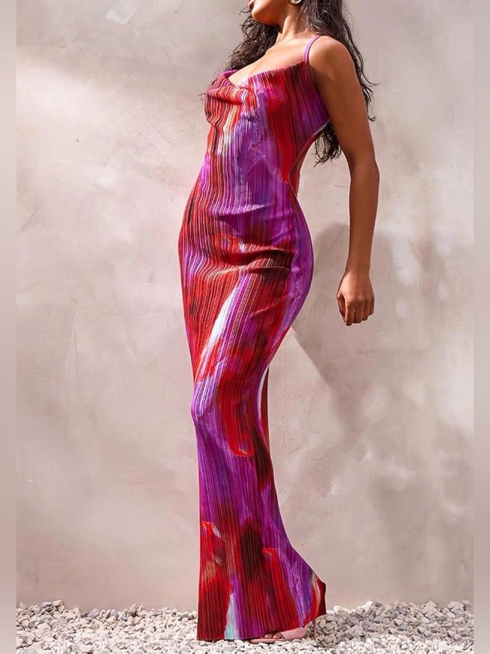 Vivid Abstract Print Pleated Midi Skirt - Red & Purple